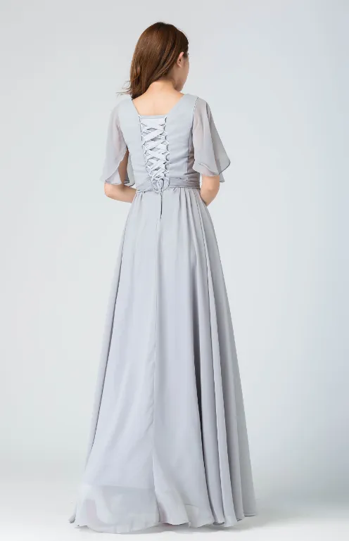 Light Gray V Neck Chiffon Bridesmaid Dress, A Line Maxi Dress, maxi long dress 1910#