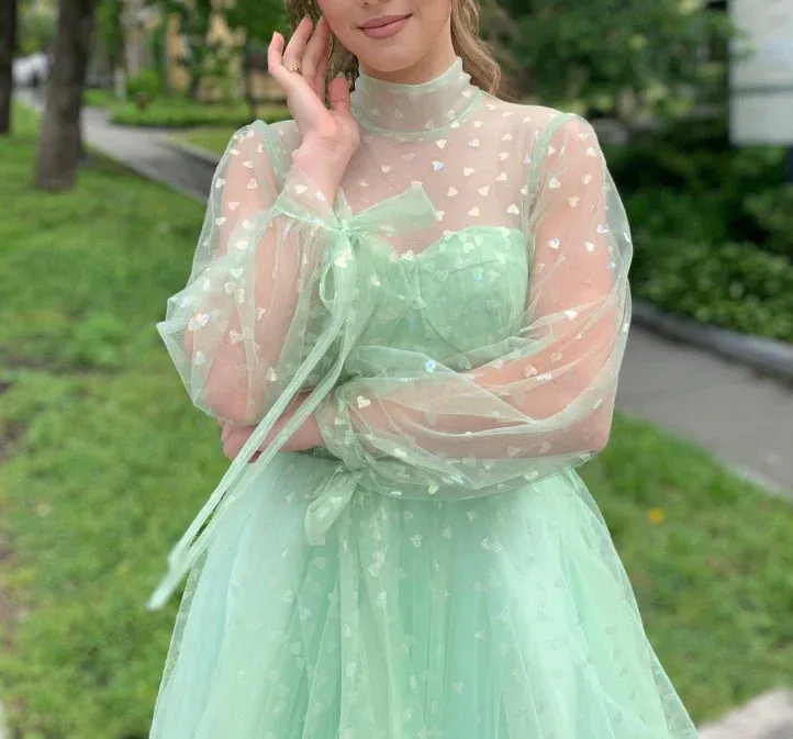 Light Green Short Tulle Prom Dresses,Long Sleeve Homecoming Party Dress    fg2705