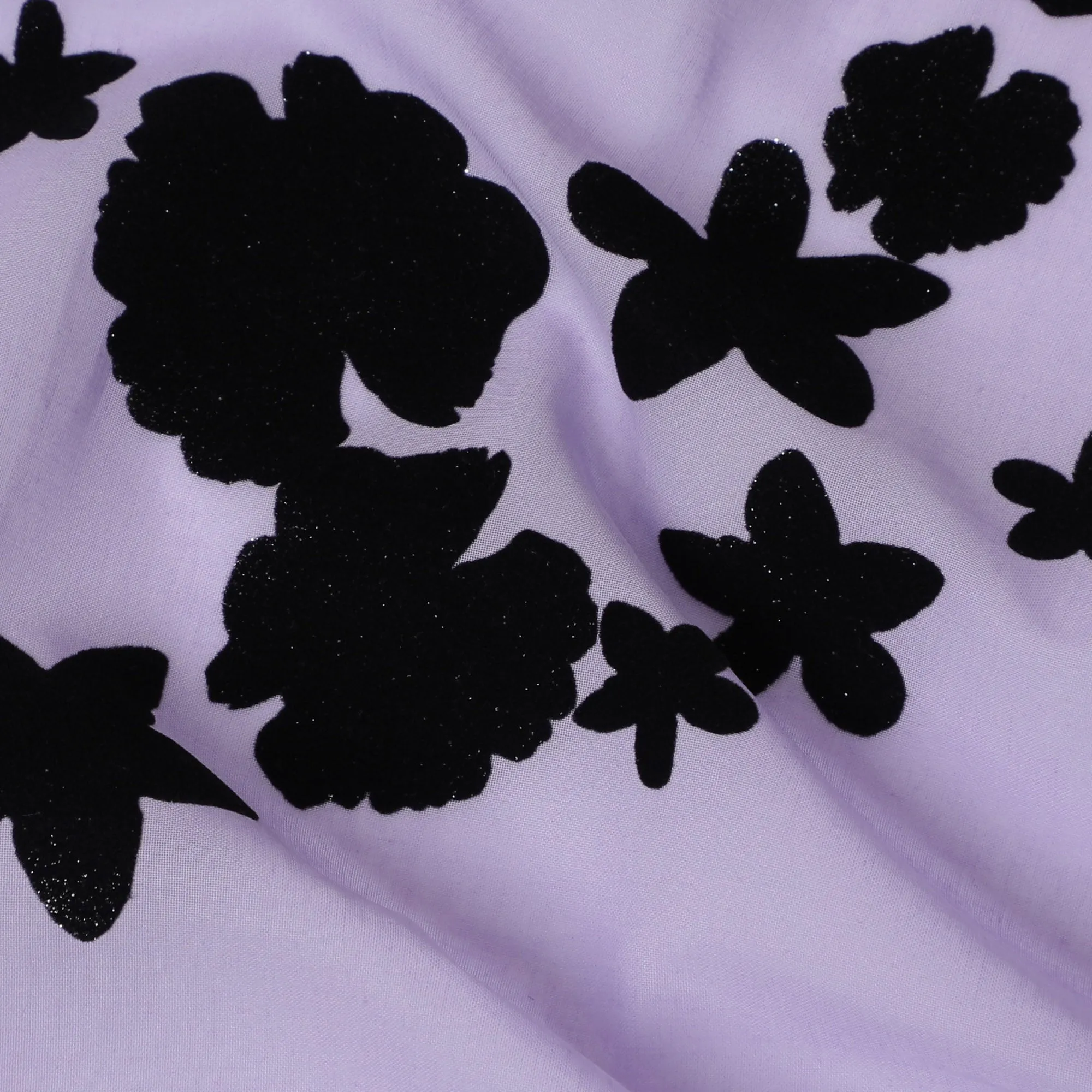 Light Purple Premium Swiss Cotton Voile Fabric with Black Floral Flock - Traditional Thobe Material, 140 cm Wide-D20210