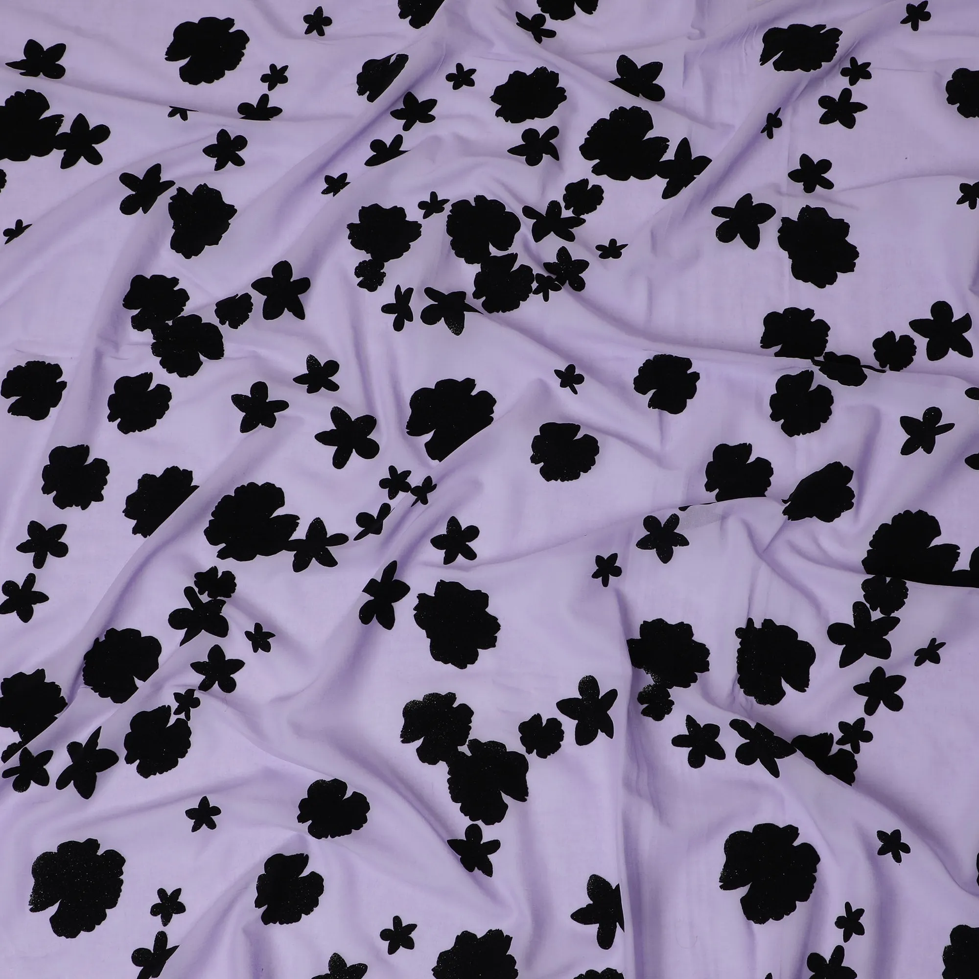 Light Purple Premium Swiss Cotton Voile Fabric with Black Floral Flock - Traditional Thobe Material, 140 cm Wide-D20210