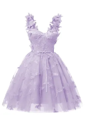 Lilac 3D Butterfly Lace Applique Tulle Homecoming Dress for Teens Sweetheart Mini Short Prom Dresses