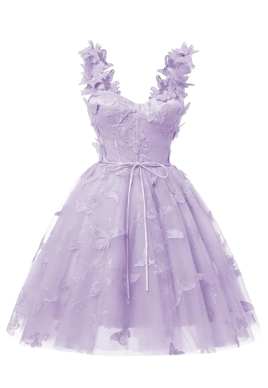 Lilac 3D Butterfly Lace Applique Tulle Homecoming Dress for Teens Sweetheart Mini Short Prom Dresses