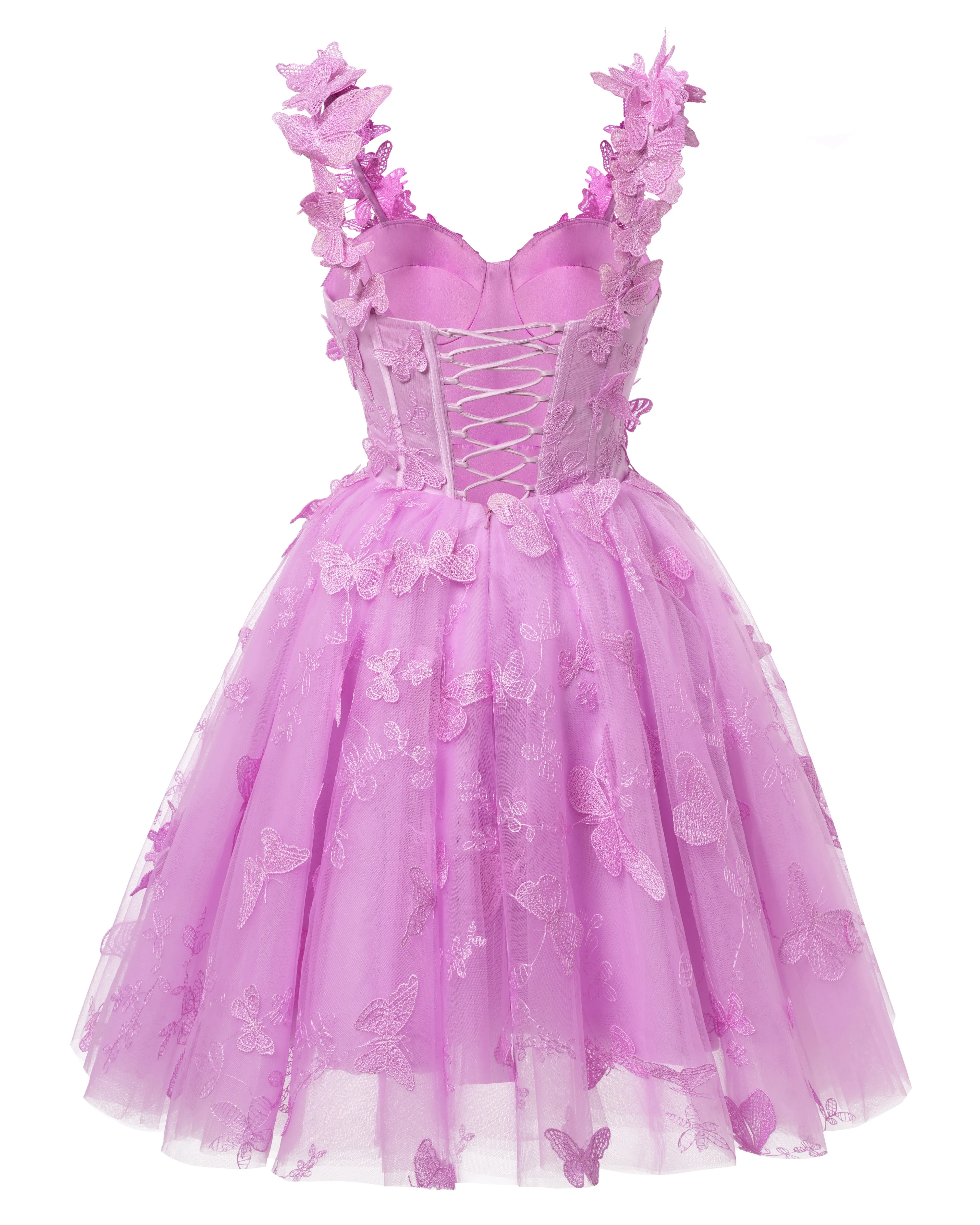 Lilac 3D Butterfly Lace Applique Tulle Homecoming Dress for Teens Sweetheart Mini Short Prom Dresses