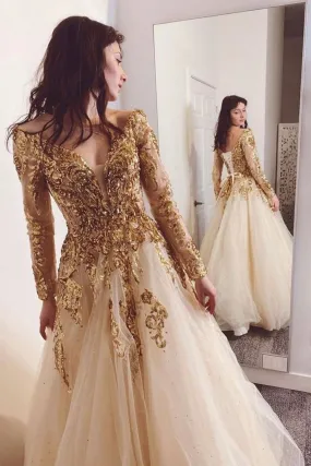 Long Sleeves V Neck Golden Lace Long Prom Dress, Gold Lace Formal Graduation Evening Dress A1445