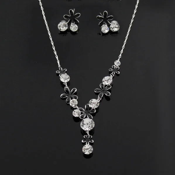 LUX Black&White Enamel Floral Jewelry Set w/ Swarovski Rhinestones