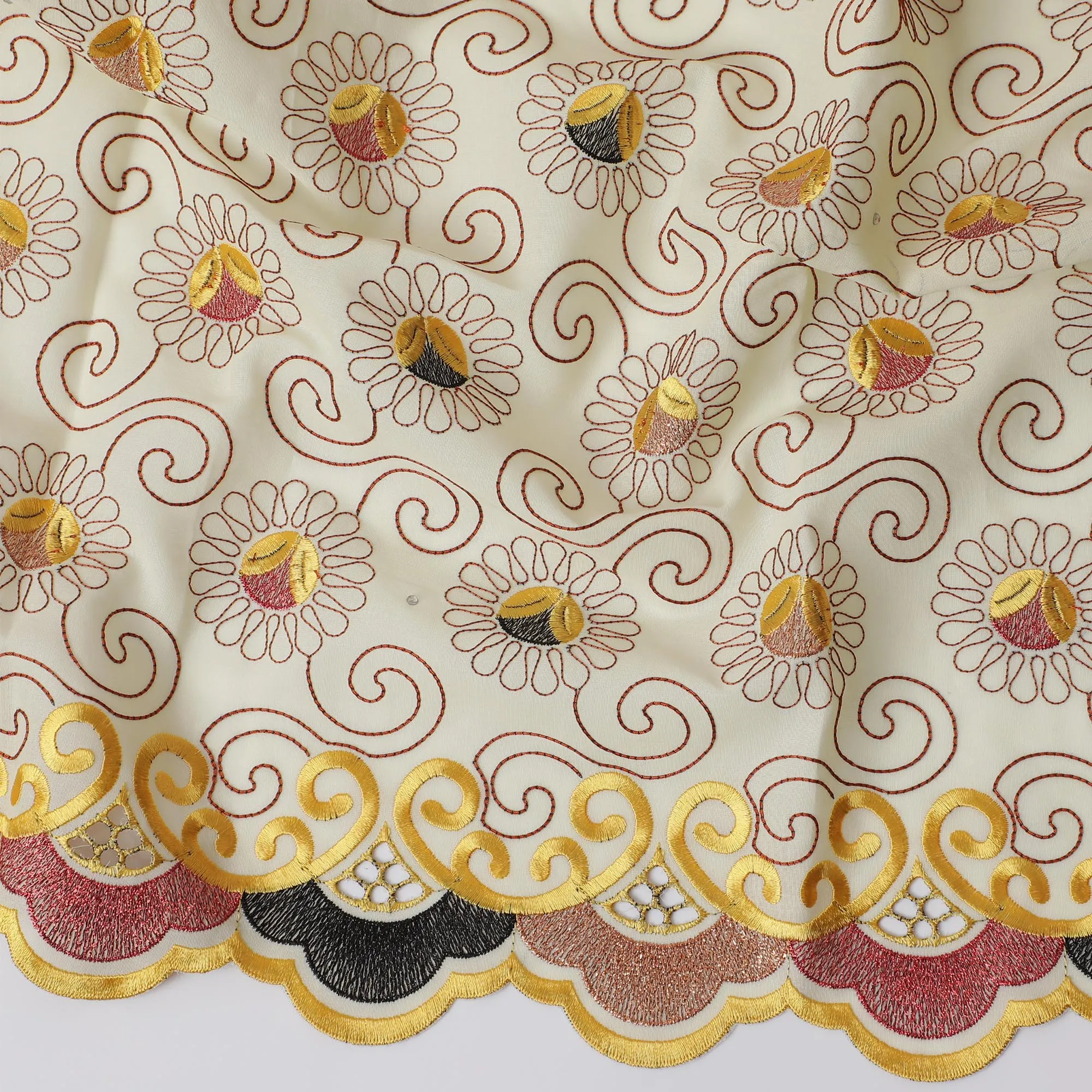 Luxurious Golden Embroidered Premium Swiss Cotton Voile Fabric - Traditional Thobe Material, 140 cm Wide-D20194