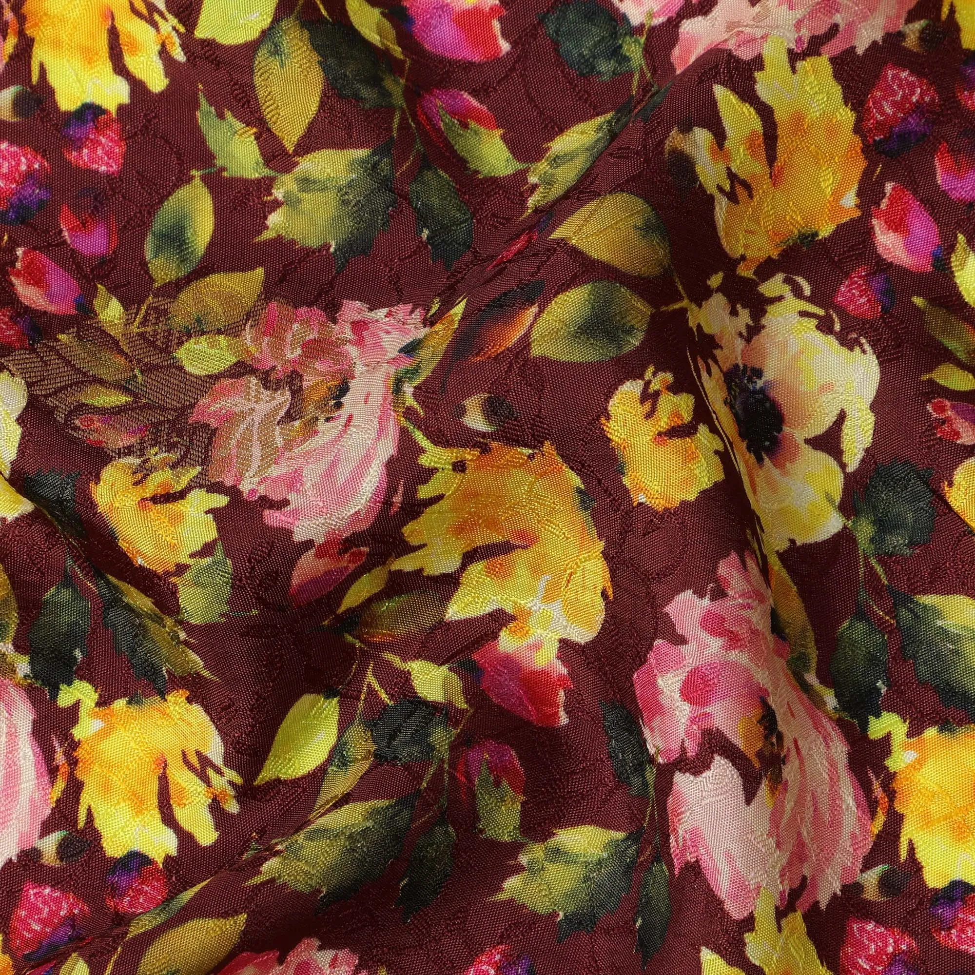 Maroon Floral Viscose Crepe Digital Print Fabric, 110 cm Wide, Made in India-D20988