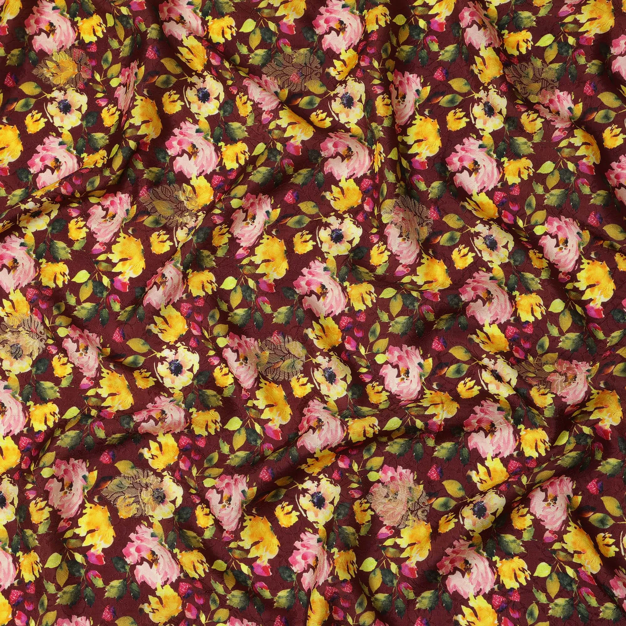 Maroon Floral Viscose Crepe Digital Print Fabric, 110 cm Wide, Made in India-D20988