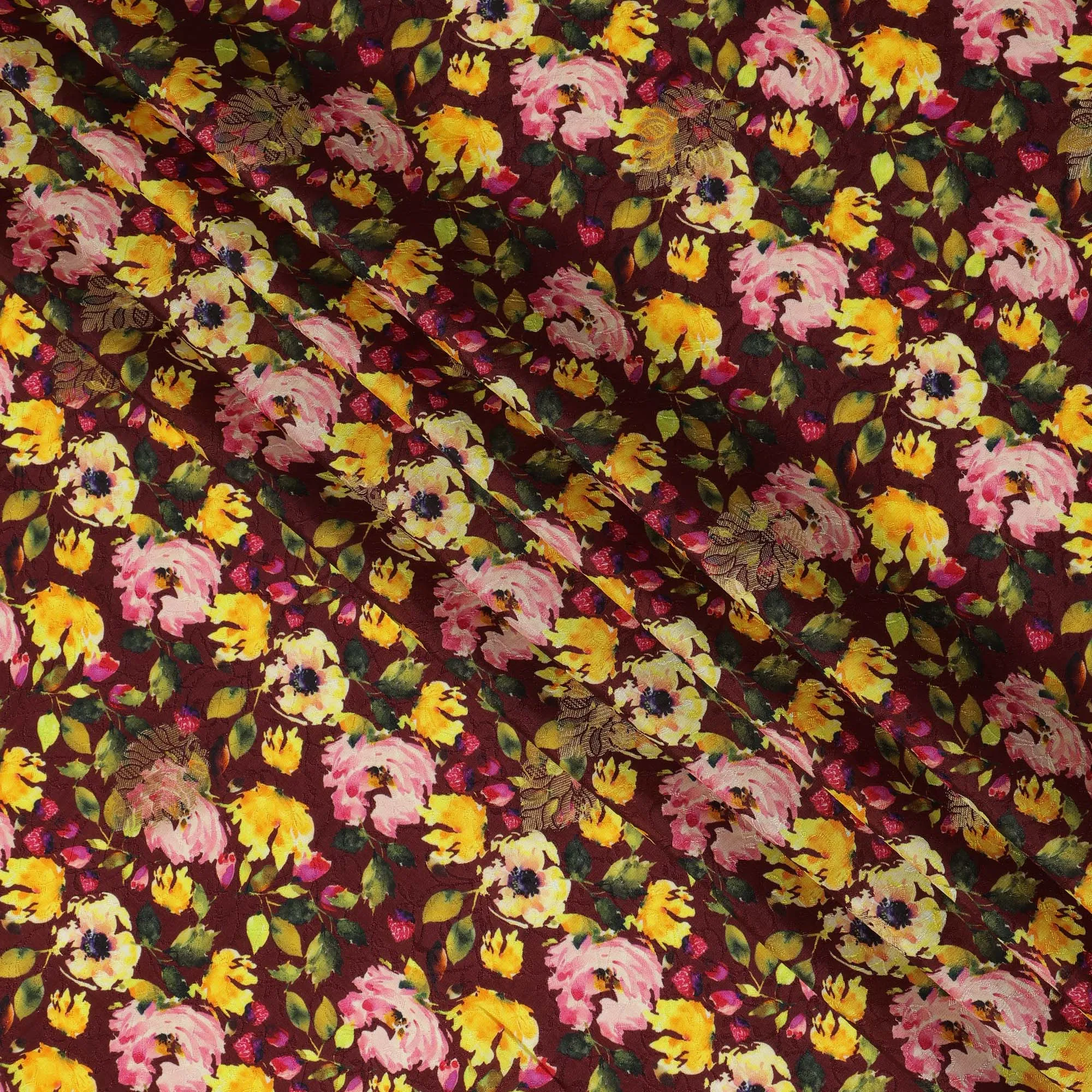 Maroon Floral Viscose Crepe Digital Print Fabric, 110 cm Wide, Made in India-D20988