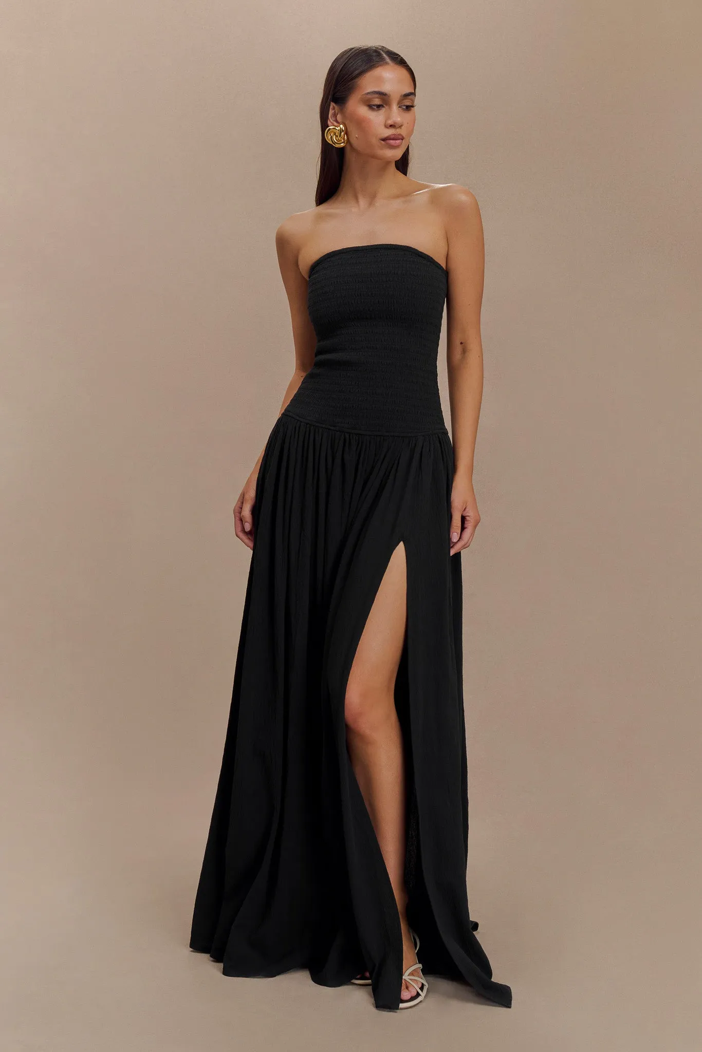 Maureen Cotton Shirring Maxi Dress - Black