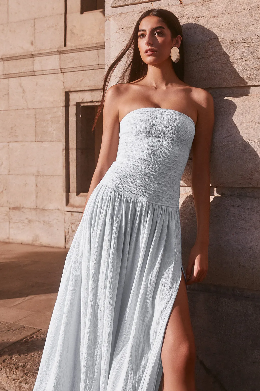 Maureen Cotton Shirring Maxi Dress - Powder Blue