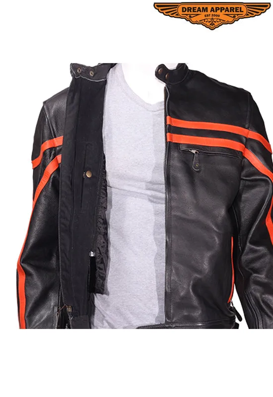 Mens Racer Style Leather Jacket with Zippered Cuffs