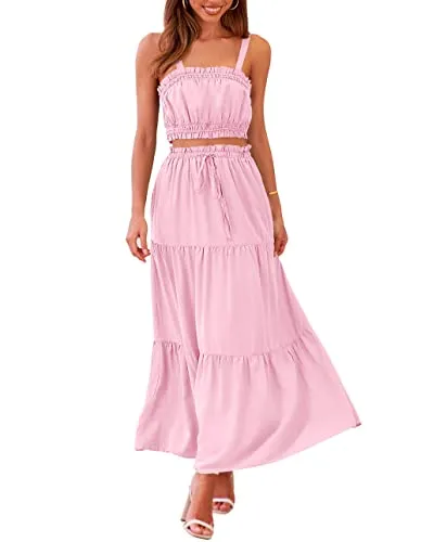 MEROKEETY Women Two Piece Outfit Ruched Crop Tank Drawstring Waist Long Skirt with Pockets Pink Medium