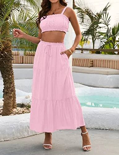 MEROKEETY Women Two Piece Outfit Ruched Crop Tank Drawstring Waist Long Skirt with Pockets Pink Medium