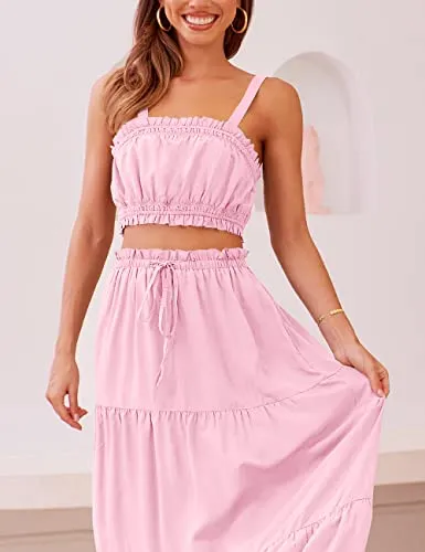 MEROKEETY Women Two Piece Outfit Ruched Crop Tank Drawstring Waist Long Skirt with Pockets Pink Medium