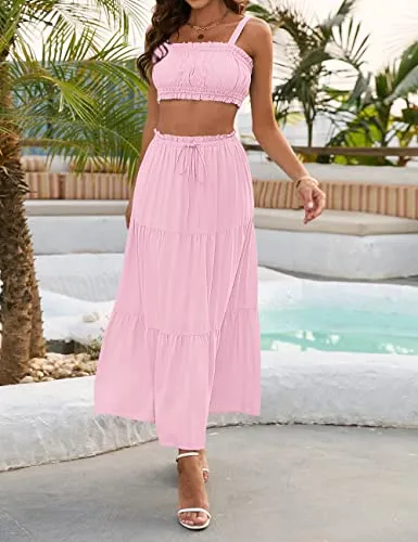 MEROKEETY Women Two Piece Outfit Ruched Crop Tank Drawstring Waist Long Skirt with Pockets Pink Medium