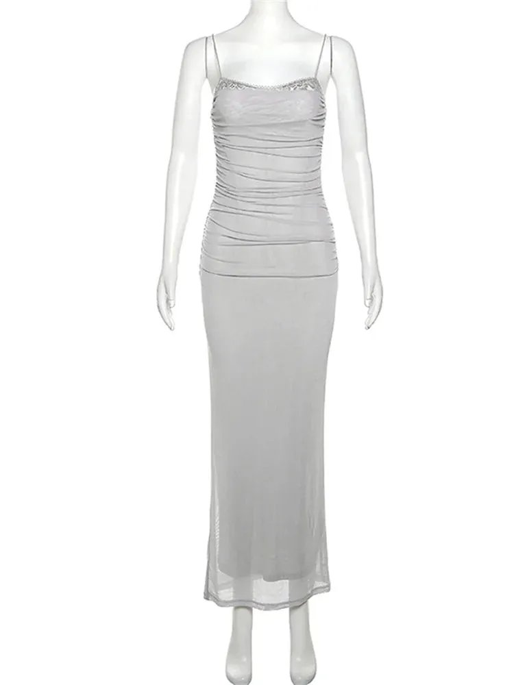 Mesh Square-Neck Evening Gown Dress for Formal Occasions