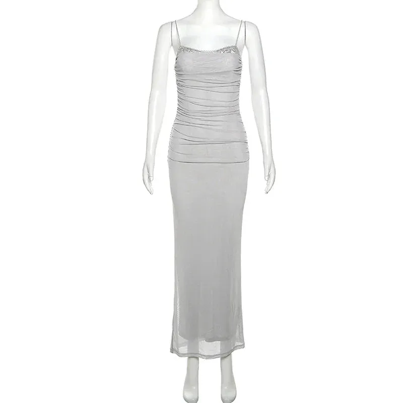 Mesh Square-Neck Evening Gown Dress for Formal Occasions