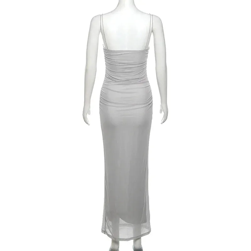 Mesh Square-Neck Evening Gown Dress for Formal Occasions