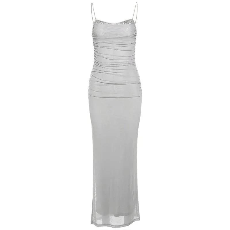 Mesh Square-Neck Evening Gown Dress for Formal Occasions