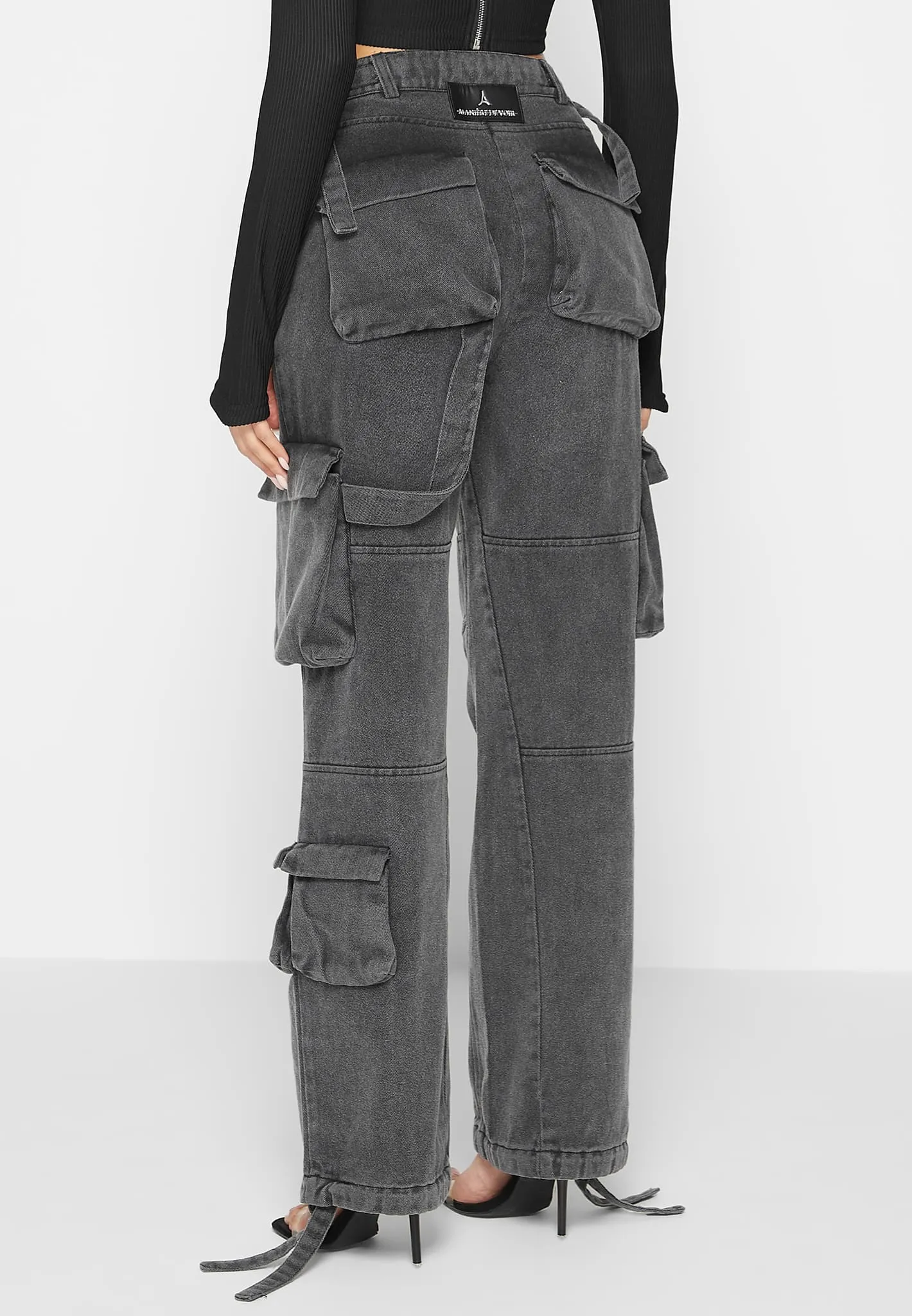 Mid Rise Cargo Pants - Washed Grey