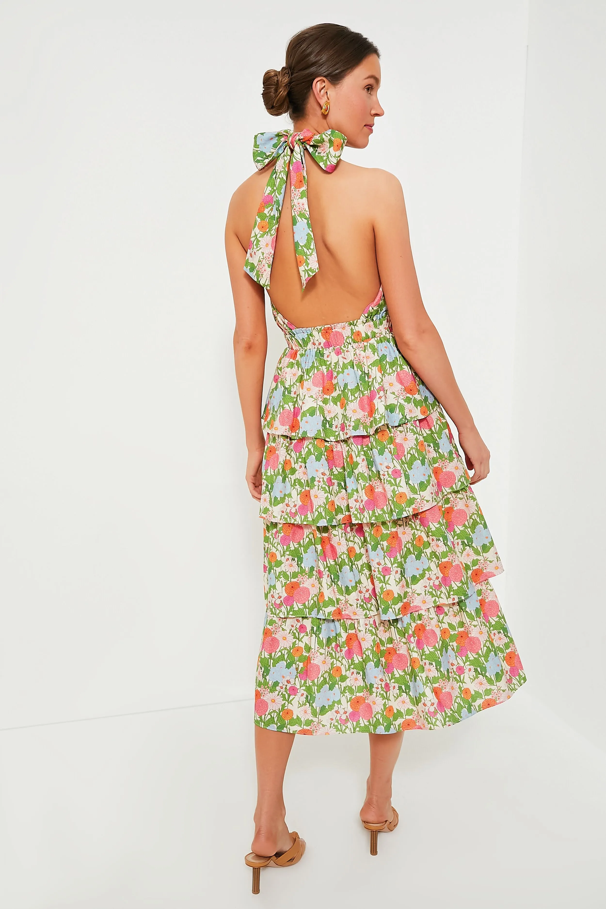 Multi Green Begonia Floral Jenny Halter Neck Midi Dress