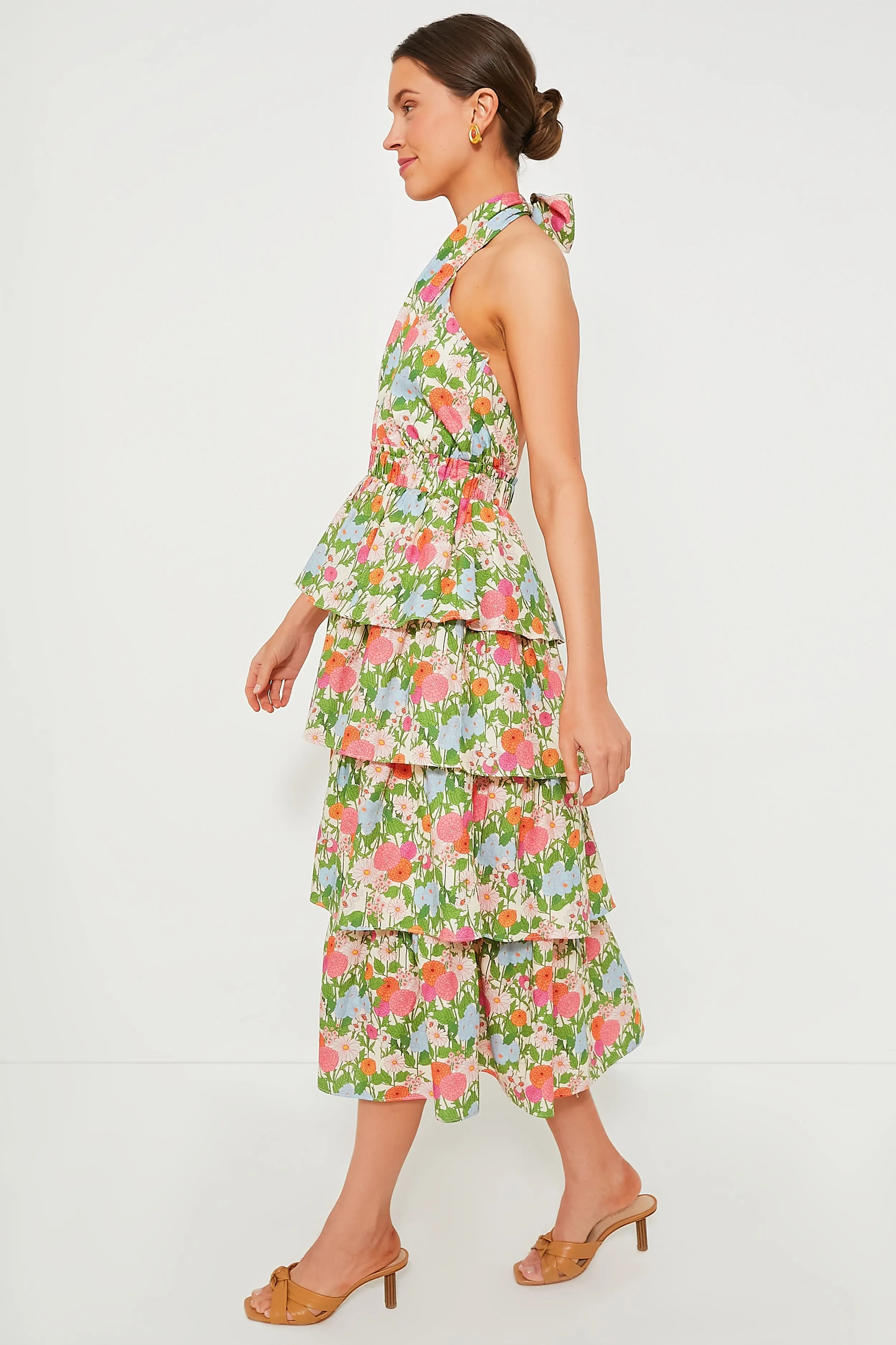 Multi Green Begonia Floral Jenny Halter Neck Midi Dress