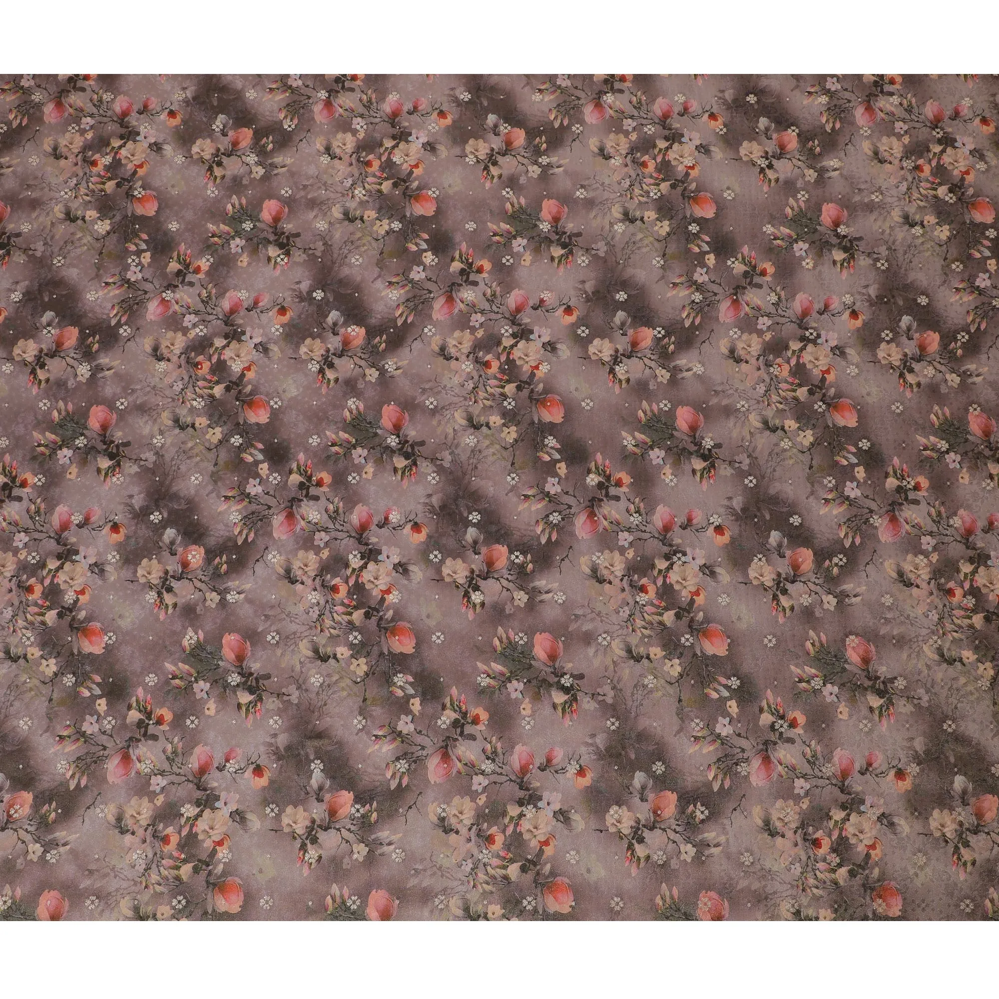 Mystic Rose Twilight Viscose Fabric, Floral Print on Smoky Background, 110 cm Wide-D19213