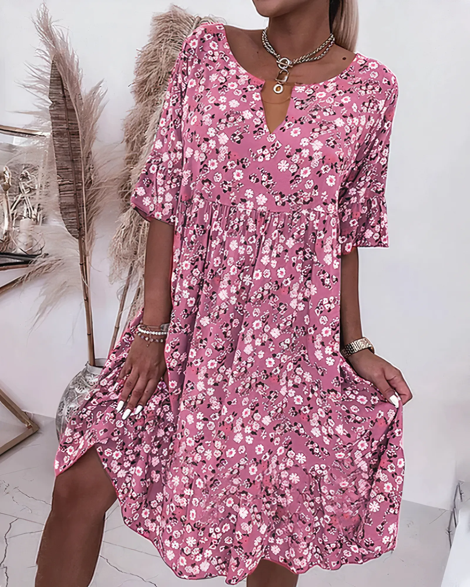 Nadia - Floral Print Midi Dress with Half Sleeves