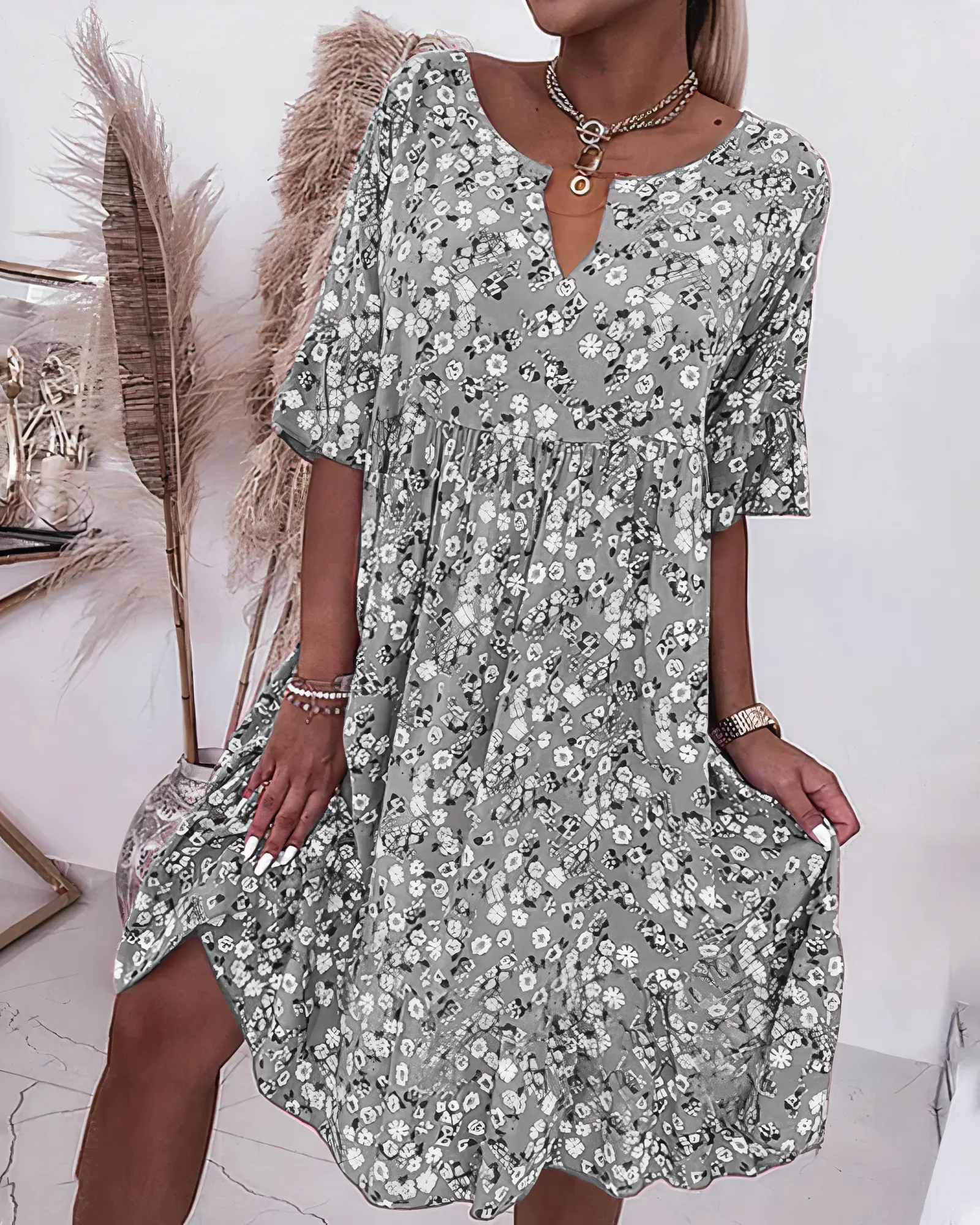 Nadia - Floral Print Midi Dress with Half Sleeves