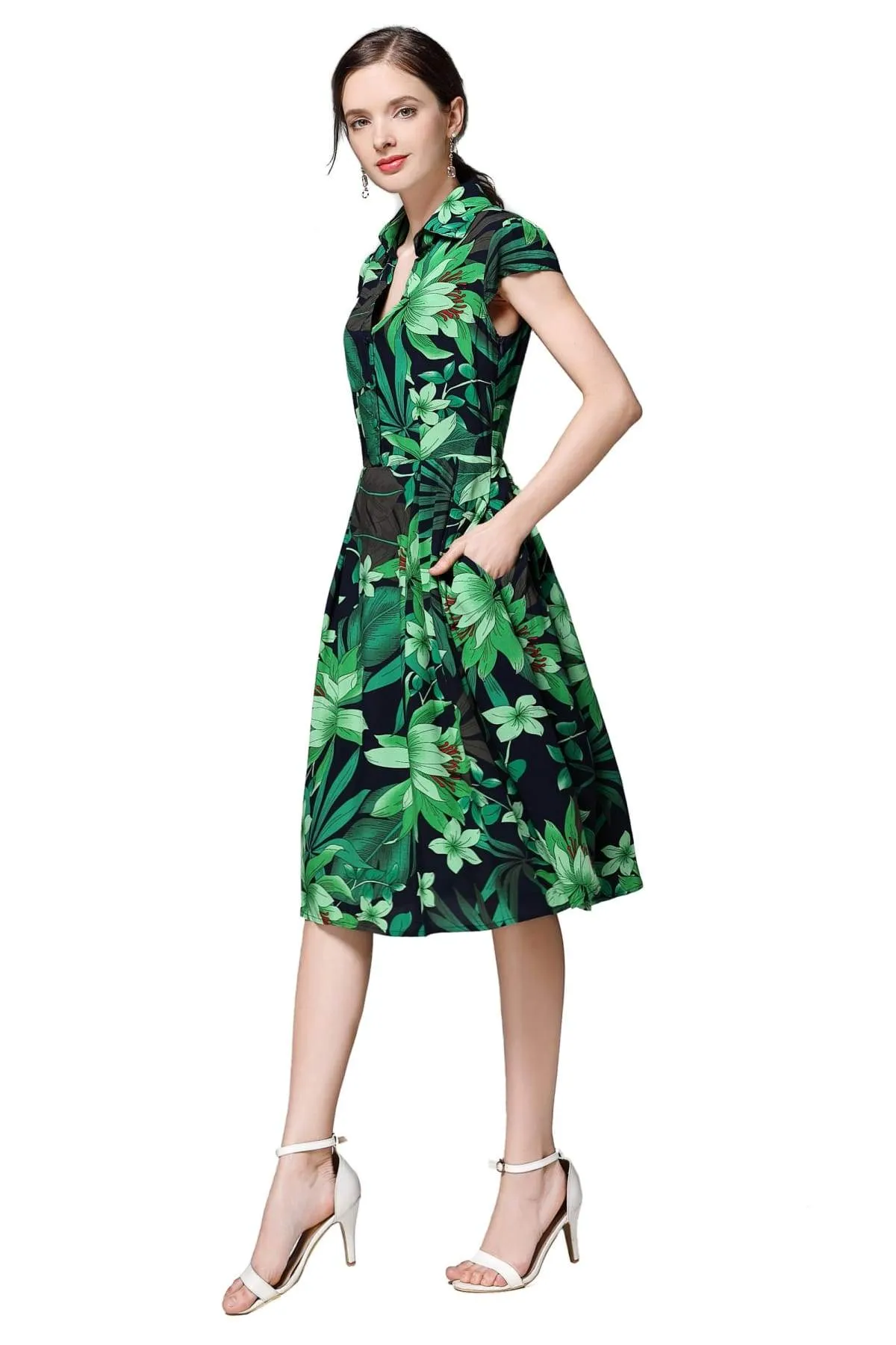 Navy V Neck Box Pleat Dress with Green Tiger Lily and Palm Leaves with Pockets