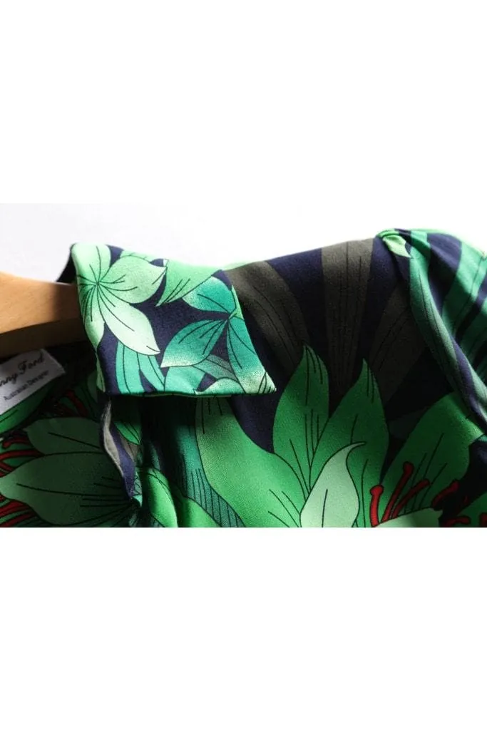 Navy V Neck Box Pleat Dress with Green Tiger Lily and Palm Leaves with Pockets