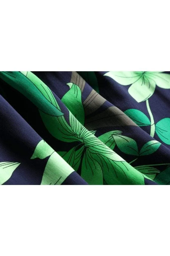 Navy V Neck Box Pleat Dress with Green Tiger Lily and Palm Leaves with Pockets