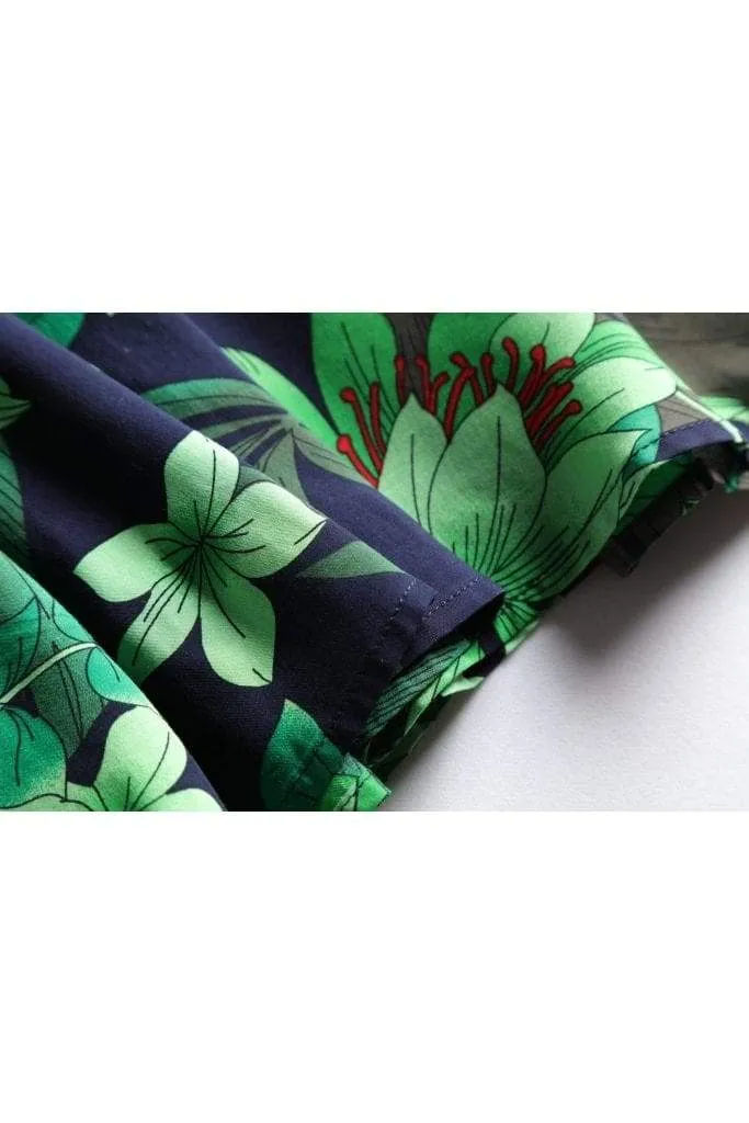 Navy V Neck Box Pleat Dress with Green Tiger Lily and Palm Leaves with Pockets