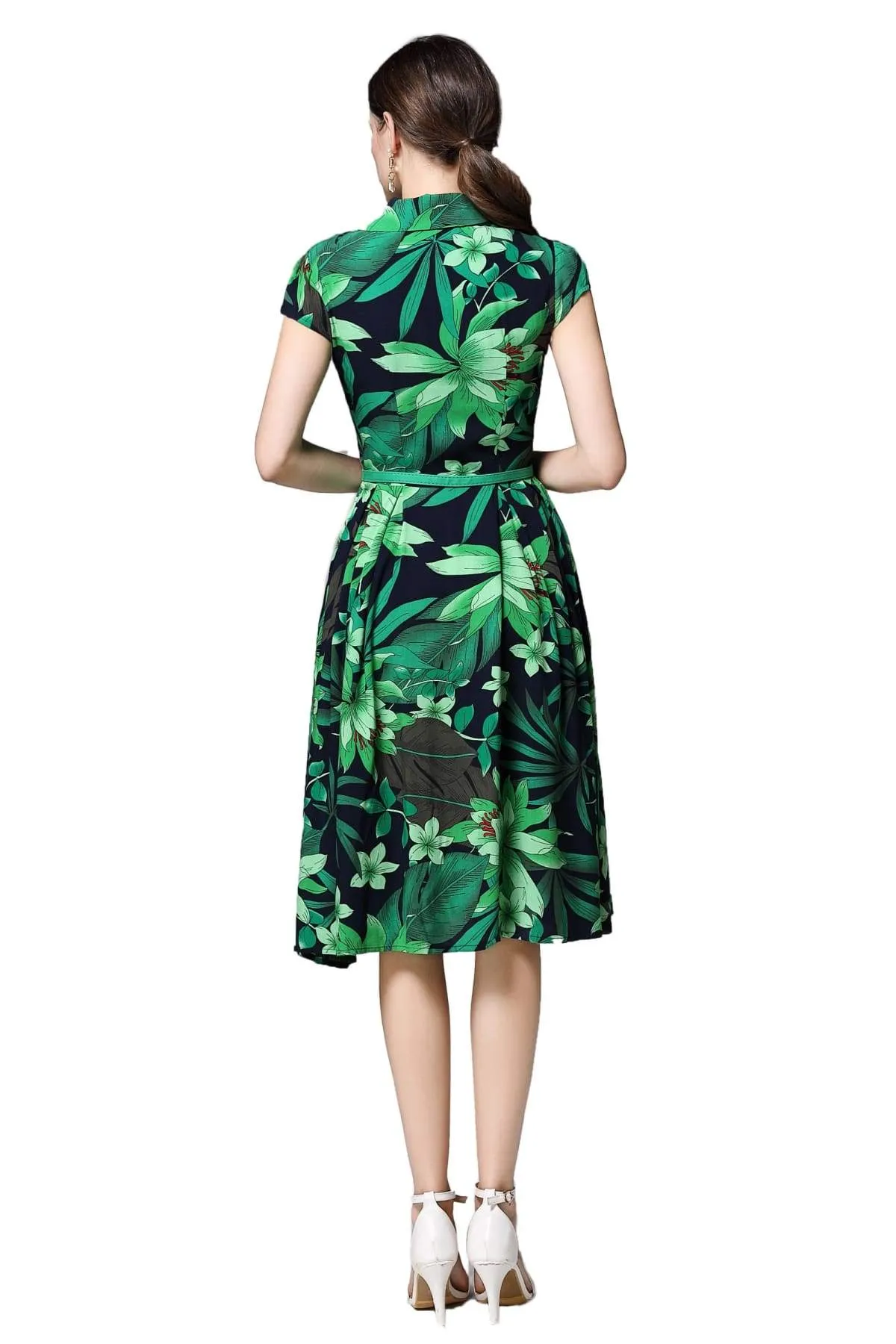 Navy V Neck Box Pleat Dress with Green Tiger Lily and Palm Leaves with Pockets