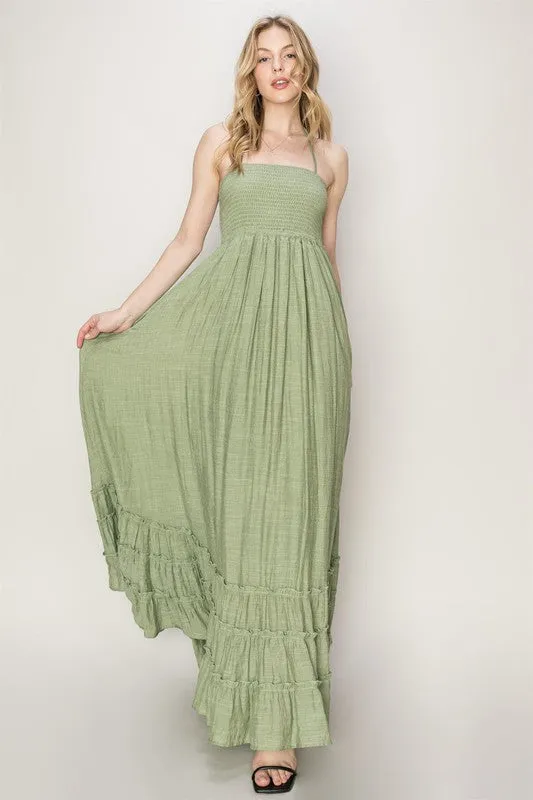 Olive Backless Halter Maxi Dress