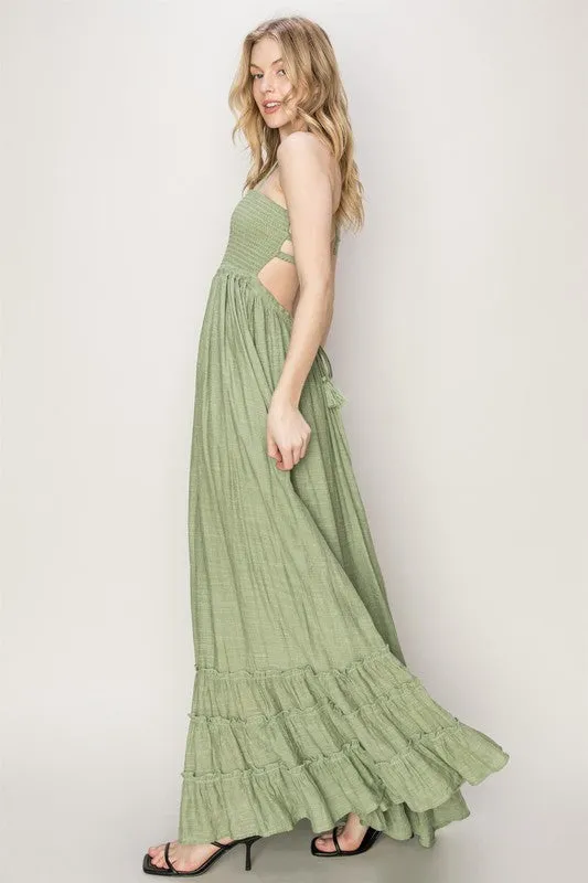 Olive Backless Halter Maxi Dress