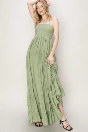 Olive Backless Halter Maxi Dress