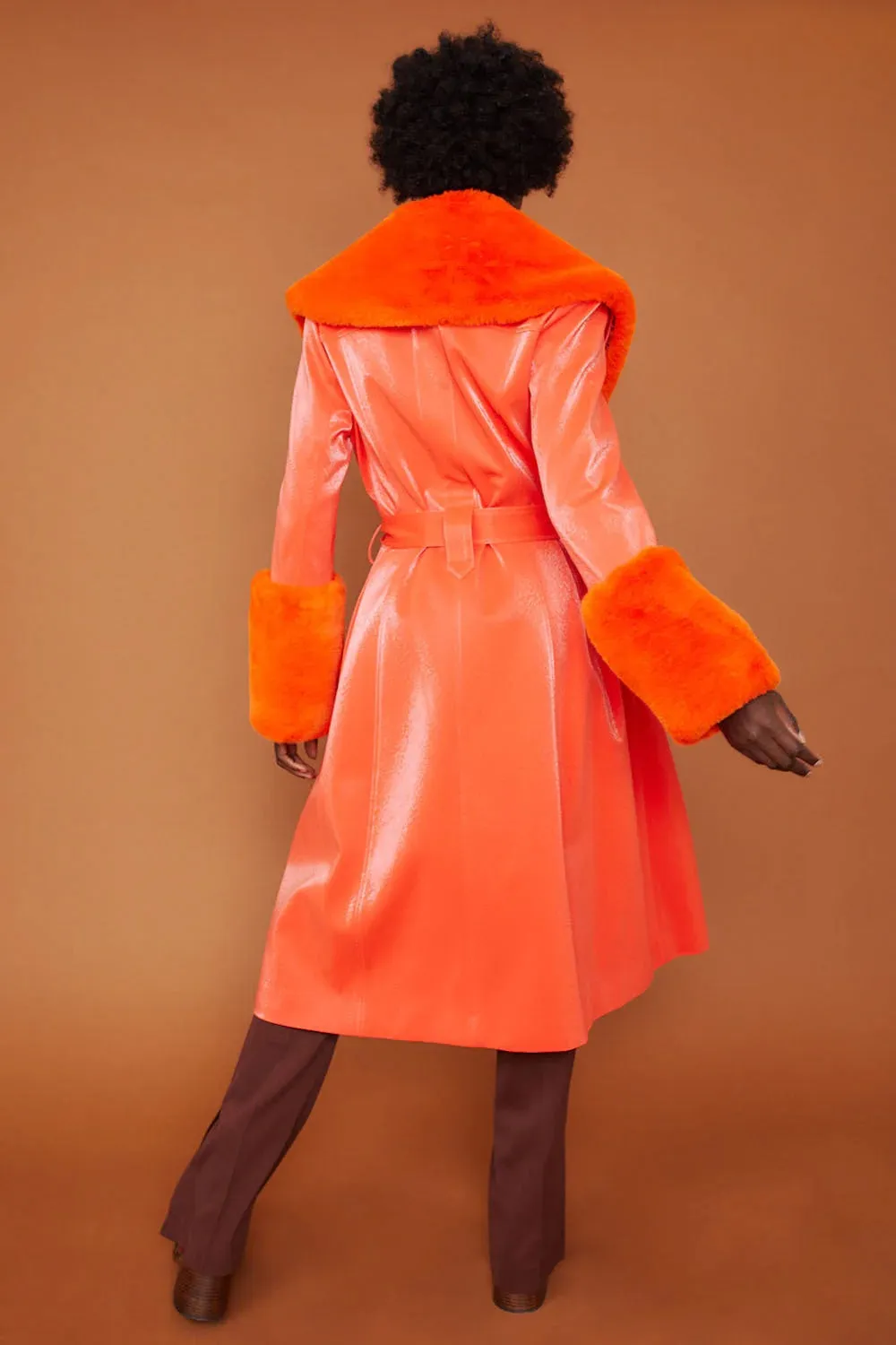 Orange Faux Suede Trench Coat with Faux Fur Collar and Cuffs