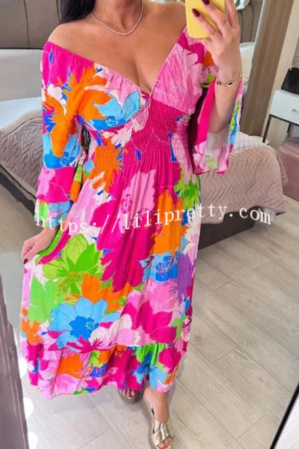 Petal Multi Green Bold Floral Print Ruffle Hem Maxi Dress