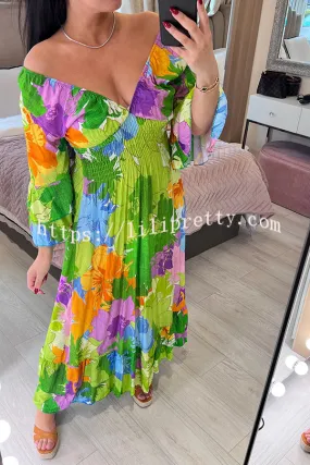 Petal Multi Green Bold Floral Print Ruffle Hem Maxi Dress