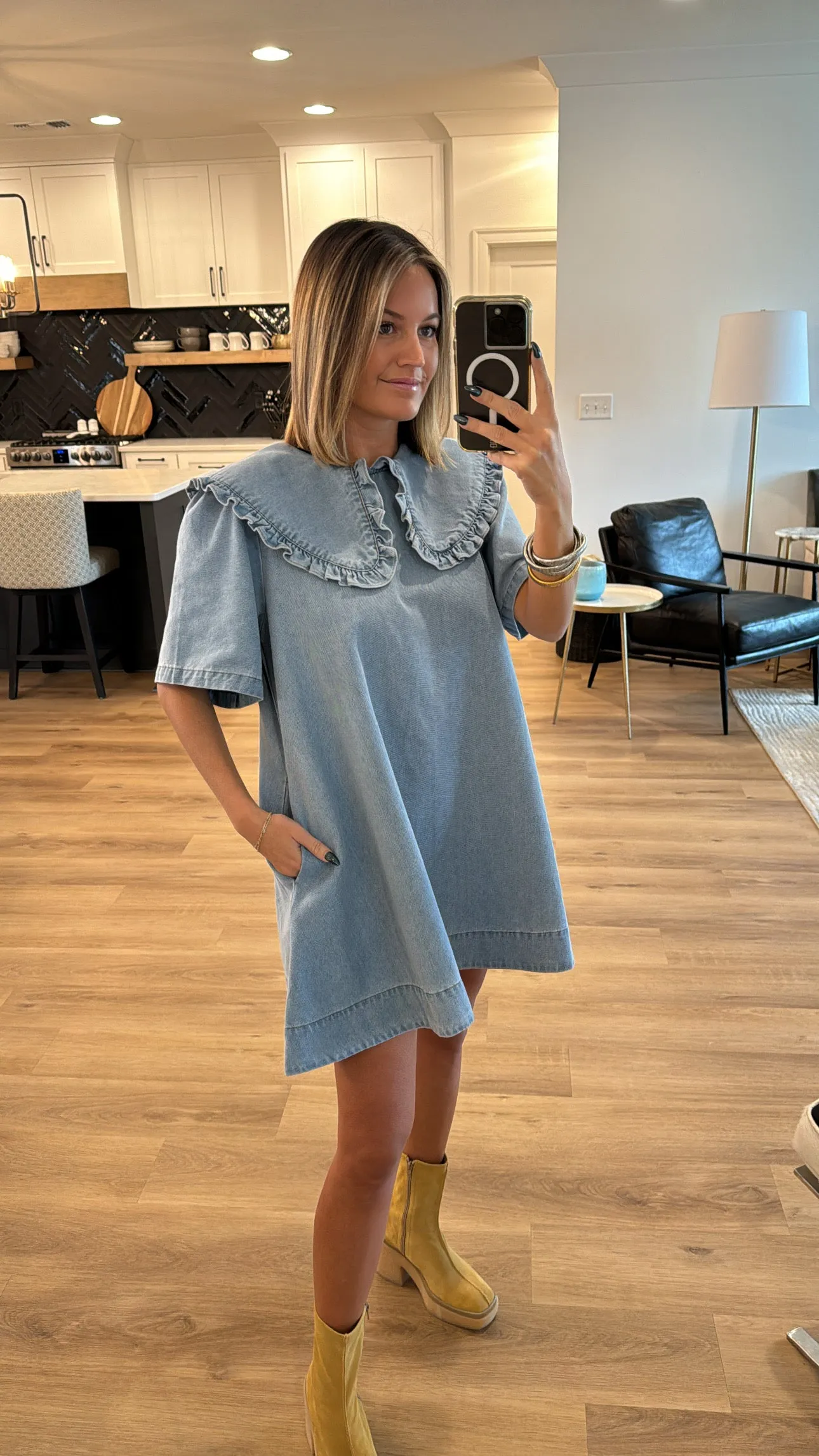 Peter Pan Collar Denim Mini Dress, Light Denim