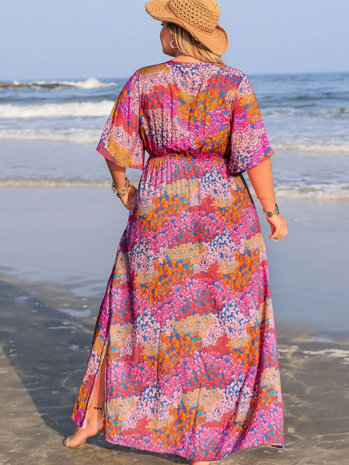 Plus Size Slit Printed Half Sleeve Dress