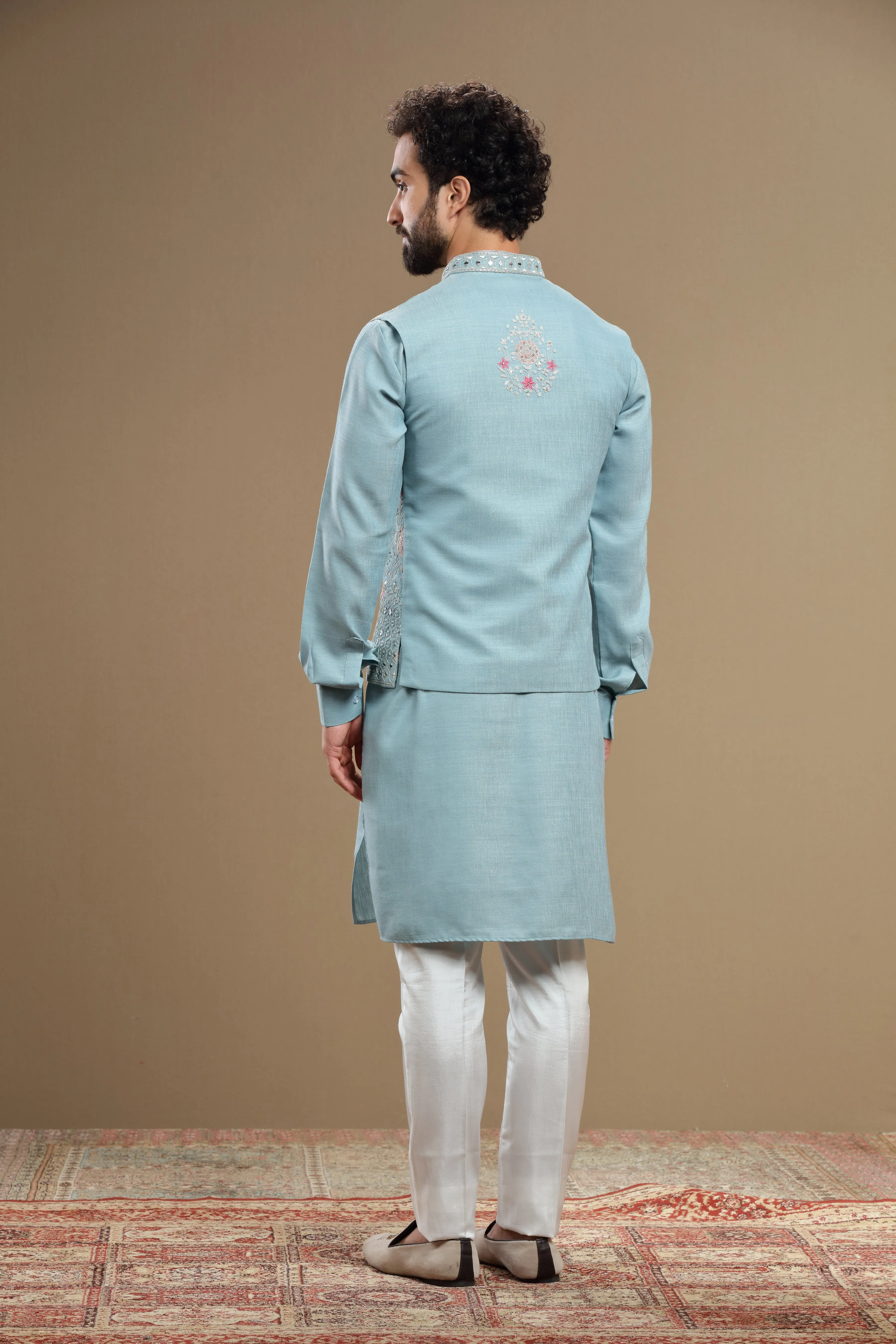 Powder blue Silk jacket set in floral embroidery