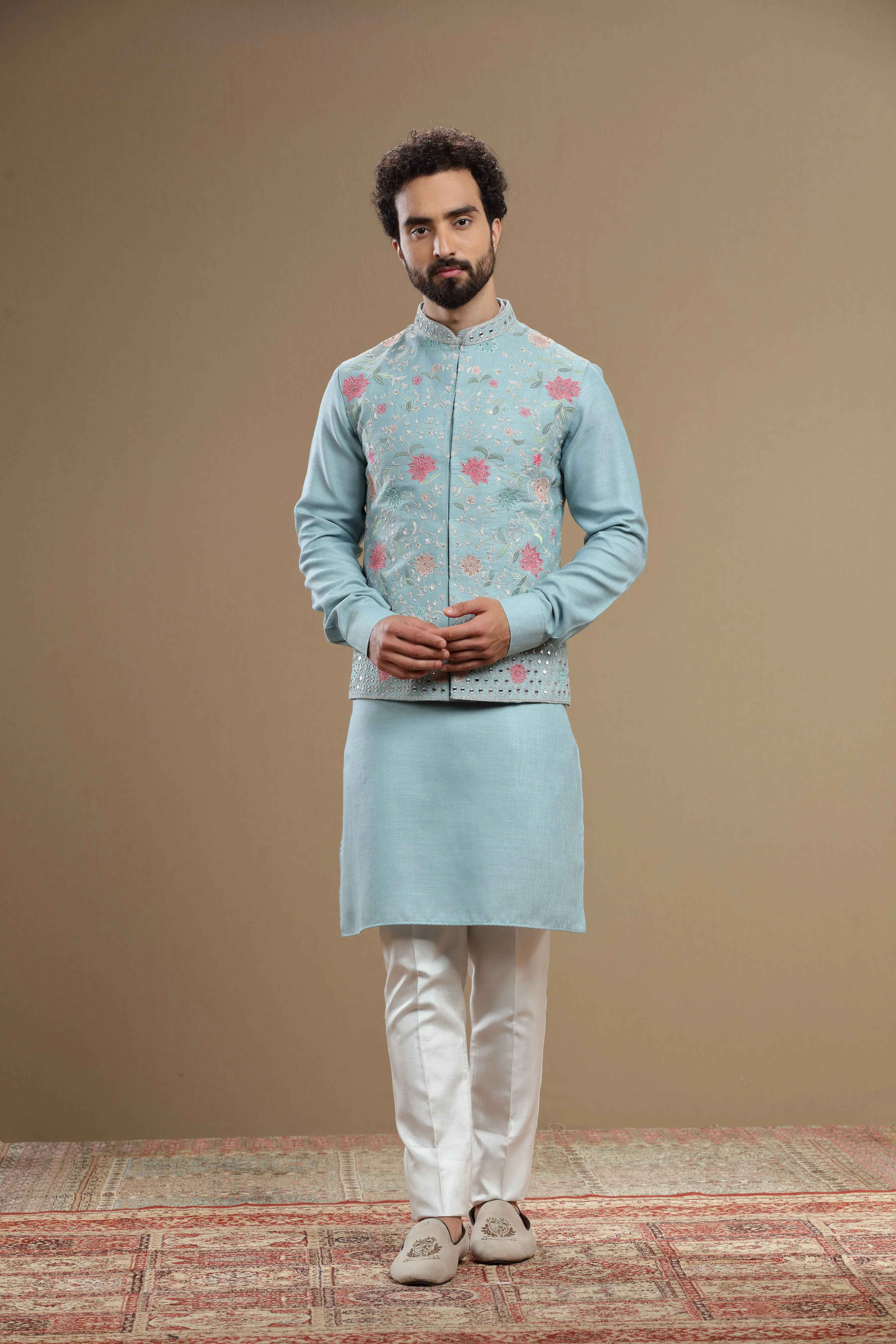 Powder blue Silk jacket set in floral embroidery