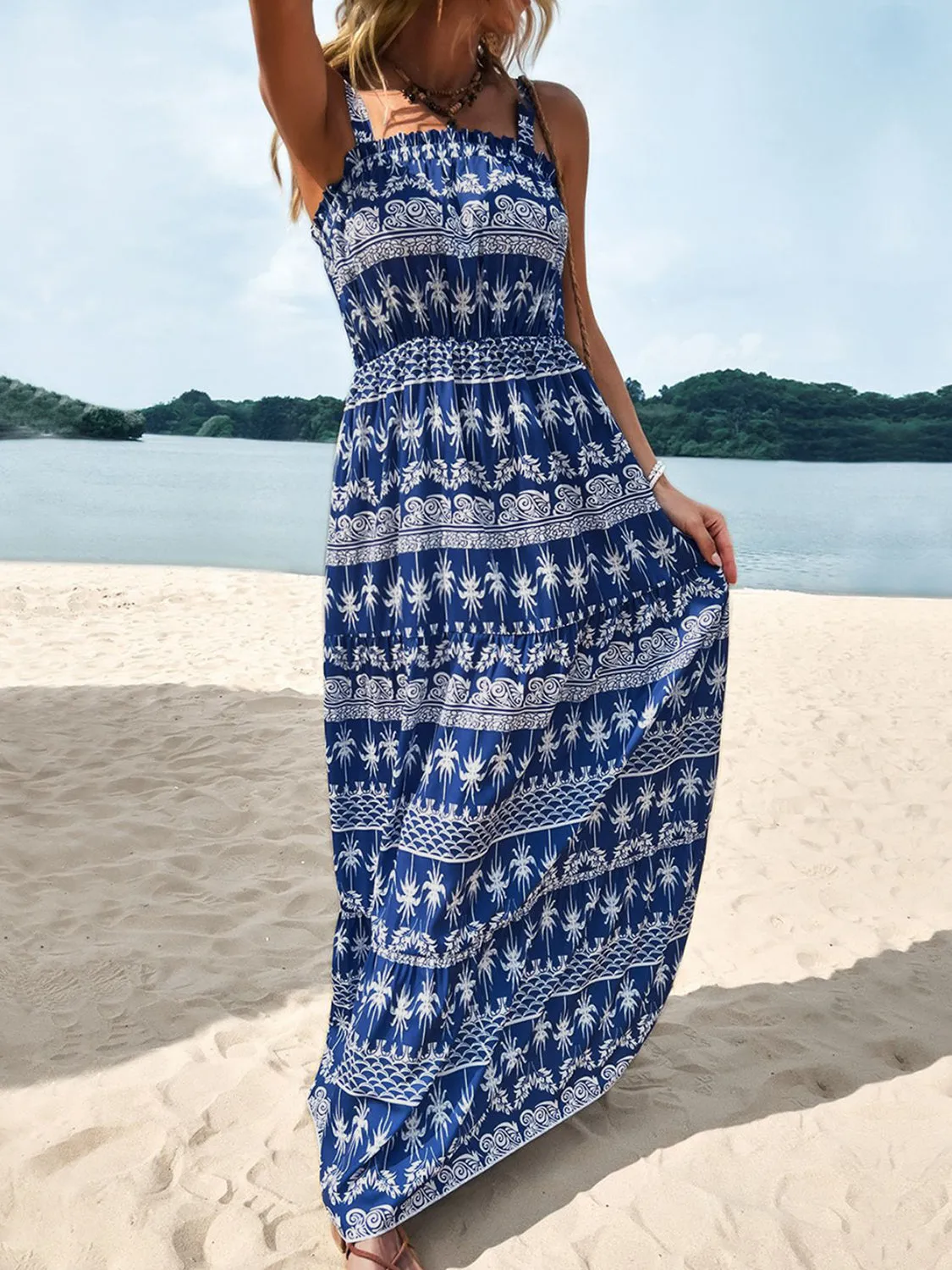 Printed Square Neck Sleeveless Maxi Dress