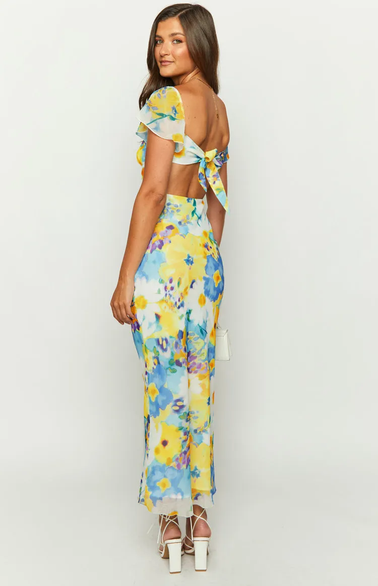 Raymi Blue Floral Chiffon Maxi Dress