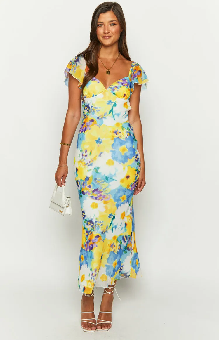 Raymi Blue Floral Chiffon Maxi Dress