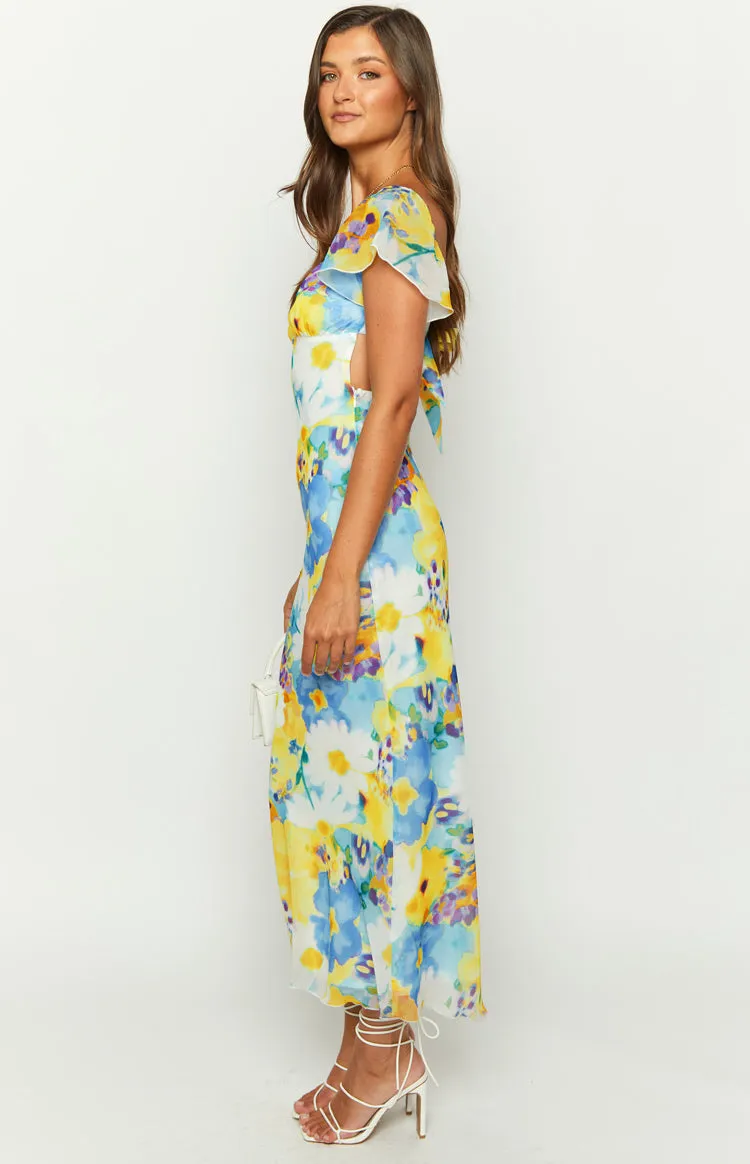 Raymi Blue Floral Chiffon Maxi Dress