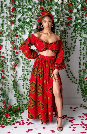 Red African Print Maxi Skirt & Crop Top Set - CORDELIA